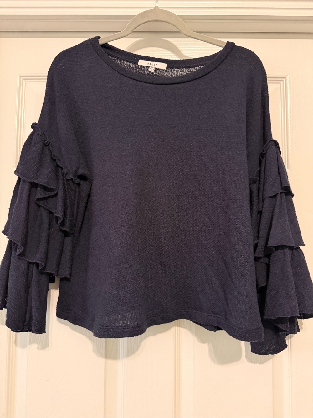 Ro & De Navy Ruffle Sleeve Scoop Neck Sweater